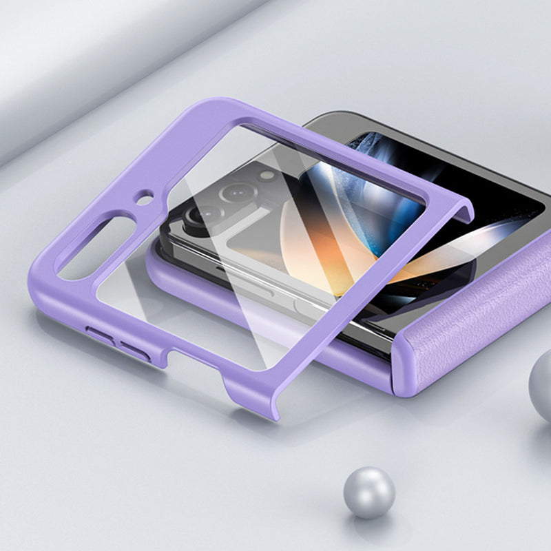 Pro Samsung Galaxy Z Flip5 5G PC PU pouzdro na telefon Ochranný kryt pantu s tvrzeným sklem pro malou obrazovku Pro Samsung Galaxy Z Flip5 5G PC PU pouzdro na telefon Ochranný kryt pantu s tvrzeným sklem pro malou obrazovku